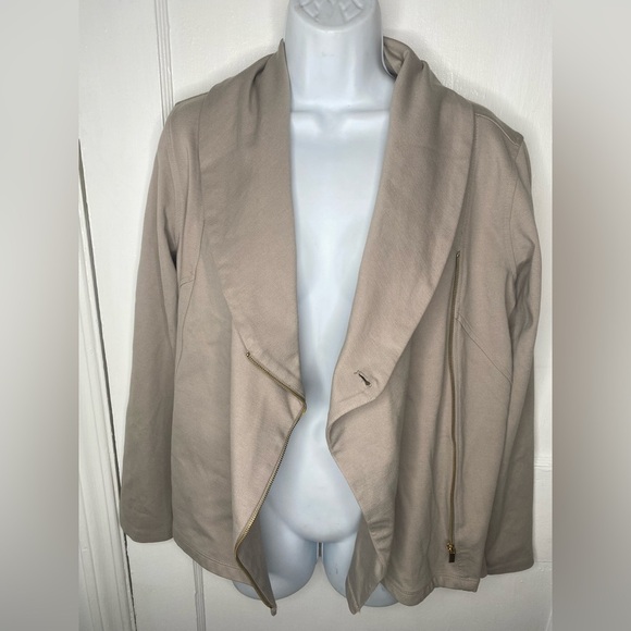 IMAN NWT Tan Global Chic Perfect Ponte Draped Beige Asymmetrical Jacket - Picture 9 of 9